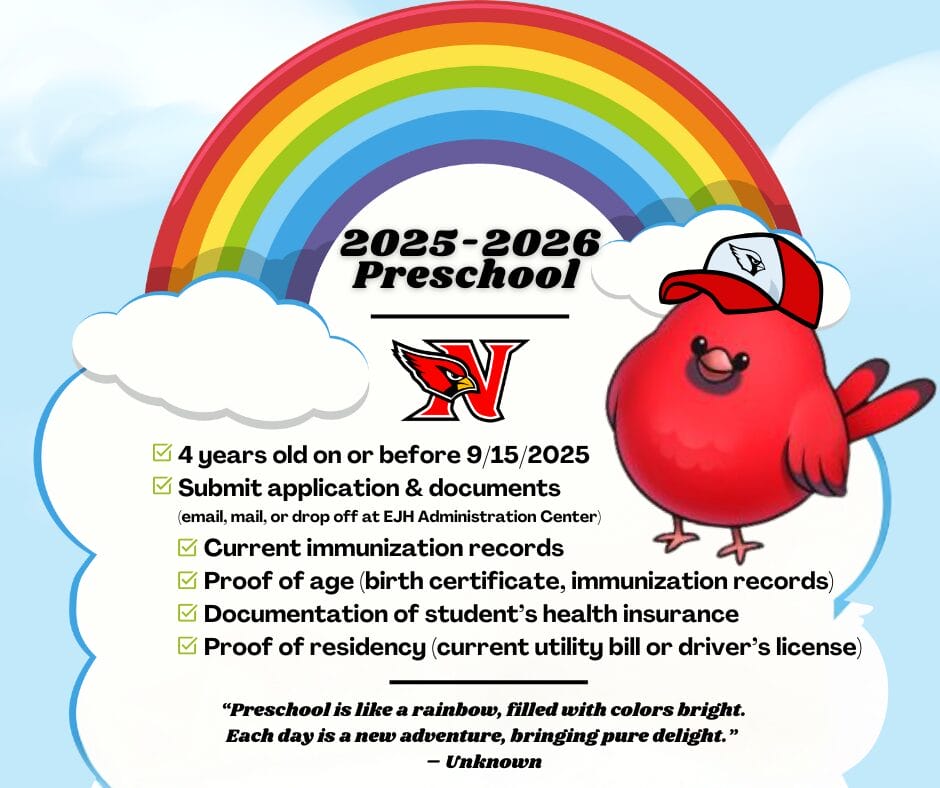 Preschool flyer with rainbow, smiling red bird wearing a cardinal hat, and a checklist of 2025–2026 preschool enrollment requirements