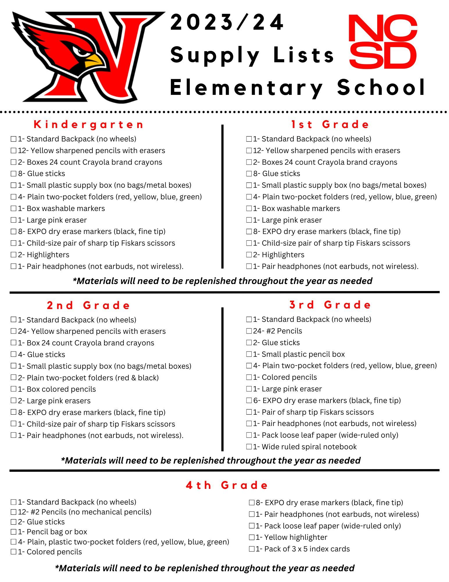 West Chatham Elementary School PTA - 2021-2022 School Supply list